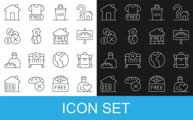 Gönüllü hat, sırt çantası, bağış yemeği, çöp tenekesi, evsiz barınağı, para yok, emlak ve ikon. Vektör