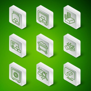 Altın külçeleri, altın kaplı maden arabası, sertifika, kasa ve maden ikonu. Vektör