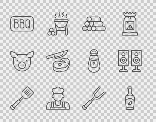 Set line Espátula, Botella de ketchup, Troncos de madera, Cocinero, Barbacoa, Carne de bistec y cuchillo, tenedor e icono de altavoz estéreo. Vector — Archivo Imágenes Vectoriales