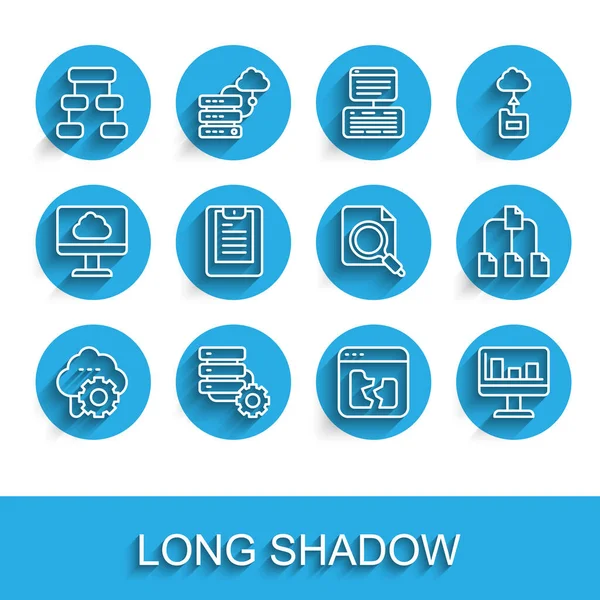 Definir linha Transferência de dados de tecnologia de nuvem, Servidor e engrenagem, gráfico de organograma de hierarquia, arquivo quebrado, Monitor com gráfico, Servidor, Relatório de dados, árvore de pastas e ícone de pasta conceito de pesquisa. Vetor — Vetor de Stock