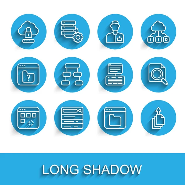 Set line Adatablak betöltése, Kereső motor, Felhő számítás zár, Böngésző fájlok, Adatexport, Hierarchia organogram chart, koncepció mappával és Szerver, Data, Web Hosting ikon. Vektor — Stock Vector