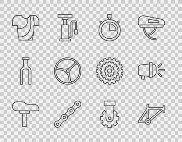 Set line Fahrradsitz, Rahmen, Stoppuhr, Kette, Fahrrad-T-Shirt, Rad, Schaltwerk Fahrrad hinten und Stirnlampe Symbol. Vektor — Stockvektor