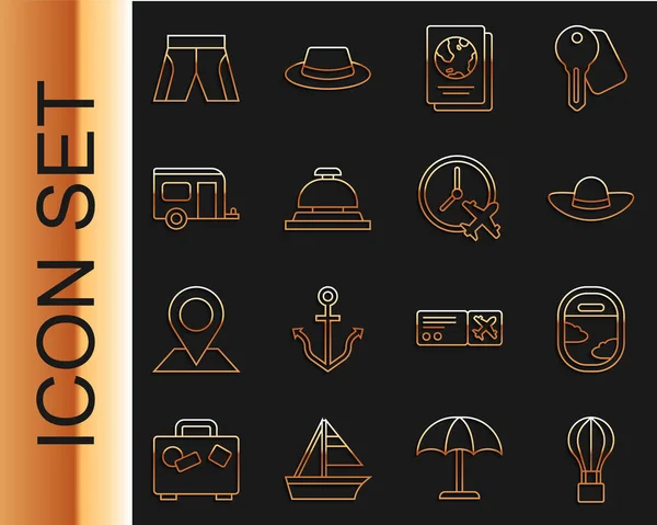 Set line Globo de aire caliente, Ventana de avión, Sombrero de mujer elegante, Pasaporte, Campana de servicio de hotel, Remolque de camping Rv, Pantalones cortos y Reloj con icono de avión. Vector — Archivo Imágenes Vectoriales