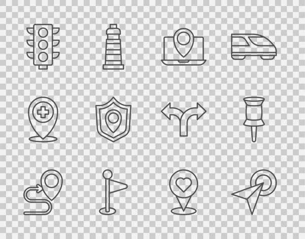 Position der Linie, Infografik der Stadtplan-Navigation, Laptop mit Markierung, Standort, Ampel, Schild, Herz und Push-Pin-Symbol festlegen. Vektor — Stockvektor