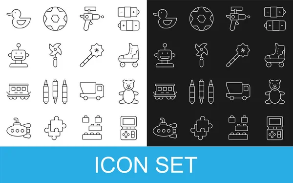 Ange linje Tetris elektroniska spel, Teddy björn plysch leksak, Rullskridsko, Ray pistol, Pinwheel, Robot, Gummi anka och magiska trollstav ikon. Vektor — Stock vektor