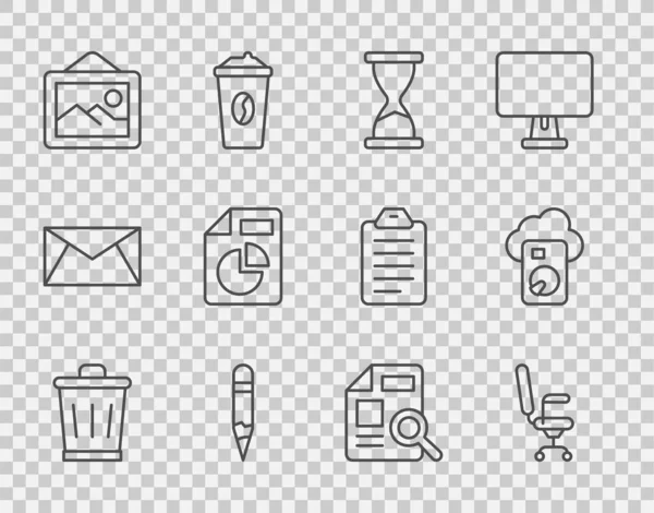 Set line Papierkorb, Bürostuhl, alte Sanduhr, Bleistift, Bild Landschaft, Dokument mit Diagramm und Cloud-Datenbank-Symbol. Vektor — Stockvektor