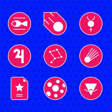 Büyük Ayı takımyıldızı, Dolunay, Dünya elementi, Kuyrukluyıldız, Yıldız burcu, Sembol Jüpiter, Merkür ve Balık ikonu. Vektör