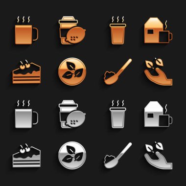 Çay yaprağı, elinde sütlü çay, kaşık şekeri, kek ve limon ikonu. Vektör