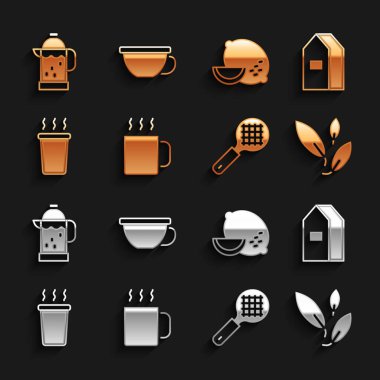 Bir fincan çay, süt paketi, çay yaprağı, saplı süzgeç, limon, Fransız presi ve ikonu. Vektör