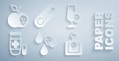 Asit yağmuru, zehirli alkol, panzehir, iksirli şişe, termometre ve elma ikonu. Vektör