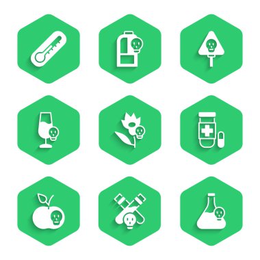 Zehirli çiçek, iksirli şişe, zehirli beher sıvısı, panzehir, elma, zehirli alkol, kemik ve kafatası ve termometre ikonu. Vektör
