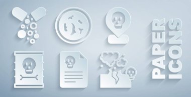 Radyasyon uyarı belgesini, radyoaktif konumu, atık varili, zehirli gaz veya duman bulutunu, bakterili ve zehirli hap ikonlu Petri kabını hazırlayın. Vektör