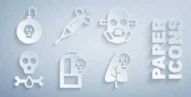 Zehirli sıvı, gaz maskesi, kemik ve kafatası, zehirli çiçek, şırınga ve nükleer bomba ikonu koyun. Vektör