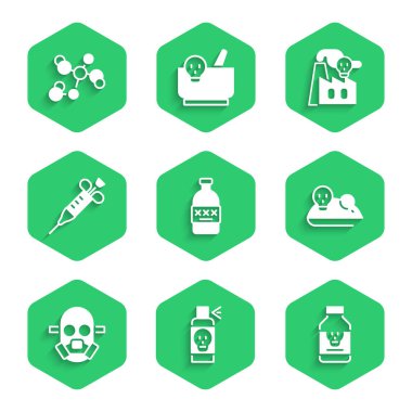 Zehirli alkol, böceklere karşı sprey, deney faresi, gaz maskesi, şırınga, fabrikadan duman ve kimyasal formül ikonu. Vektör