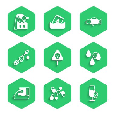 Set kemikleri ve kafatası, kimyasal formül zehirli alkol, asit yağmuru, atık su, ok, fabrika ikonundan kirpi balığı ve duman. Vektör