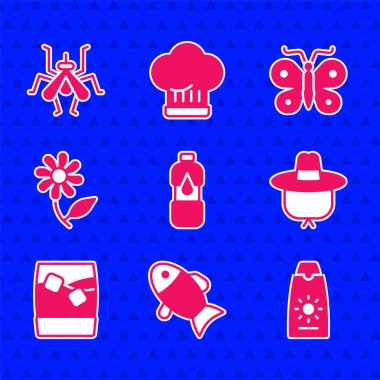 Bir şişe su, balık, tüpte güneş kremi, kamp şapkası, buzlu cam viski, çiçek, kelebek ve sivrisinek ikonu. Vektör