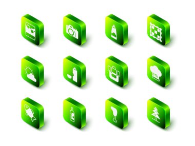 Fotoğraf makinesi, sos şişesi, kareli peçete, şef şapkası, ağaç, yürüyüş sırt çantası, tavuk bacağı ve şarap ikonu. Vektör