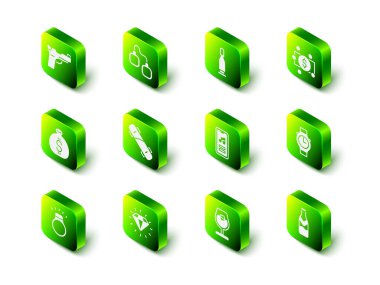 Kelepçe, mermi, kağıt para, bilek saati, bira şişesi, müzik çalar, şarap kadehi ve elmas ikon. Vektör