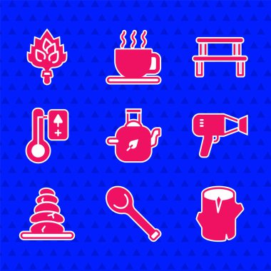 Çaydanlığı yaprak, sauna kepçesi, ahşap kütük, saç kurutma makinesi, yığınla sıcak taş, termometre, ahşap bank ve süpürge ikonu ile ayarla. Vektör