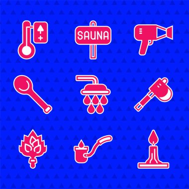 Duş, sauna kepçesi, yanan mum, tahta balta, süpürge, saç kurutma makinesi ve termometre ikonu. Vektör