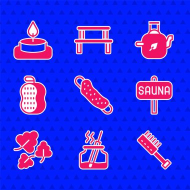 Çamaşır bezi, Aroma ayırıcı, sauna fırçası, meşe yaprağı, çaydanlık ve mum ikonu. Vektör