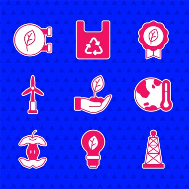 Bitkiyi elinde tut, yapraklı ampul, petrol platformu, küresel ısınmaya doğru erime, Apple çekirdeği, rüzgar türbini, Yaprak Çevre sembolü ve dükkan ikonu. Vektör