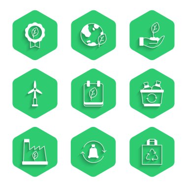 Takvimi sonbahar yaprakları, çöp poşeti geri dönüşüm, alışveriş, geri dönüşüm kutusu, bitki geri dönüşüm çöpü, rüzgar türbini, el ve Yaprak Çevre simgesi ikonu ile ayarla. Vektör