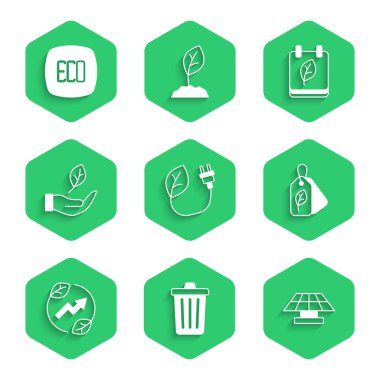 Yaprak, çöp kutusu, güneş enerjisi paneli, Etiket eli, Yaprak, Takvim sonbahar yaprakları ve Eko simgesi simgesine elektrik tasarruf prizi yerleştir. Vektör