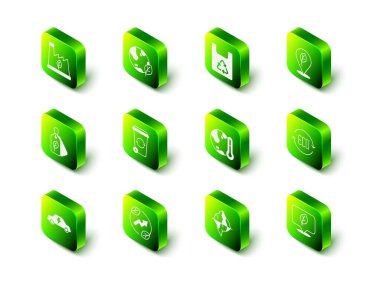 Yerküre küre ve yaprak, geri dönüşüm, konum, Yaprak Eko sembollü alışveriş torbası, küresel ısınmaya, Iceberg ve Elektrik tapa ikonuna erime ayarlayın. Vektör