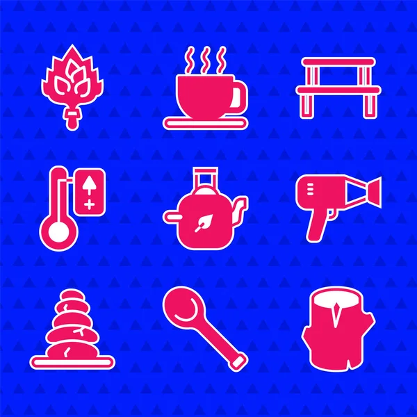 Çaydanlığı yaprak, sauna kepçesi, ahşap kütük, saç kurutma makinesi, yığınla sıcak taş, termometre, ahşap bank ve süpürge ikonu ile ayarla. Vektör
