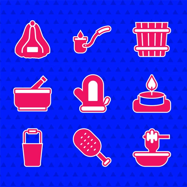 Sauna eldiveni, fırça, ballı çubuk kase, Aroma mumu, kova, havan topu ve şapka ikonu. Vektör