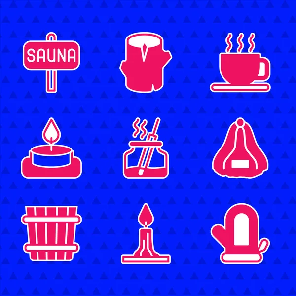 Aroma yayıcı, yanan mum, sauna eldiveni, şapka, kova, çay ve ikon hazırla. Vektör