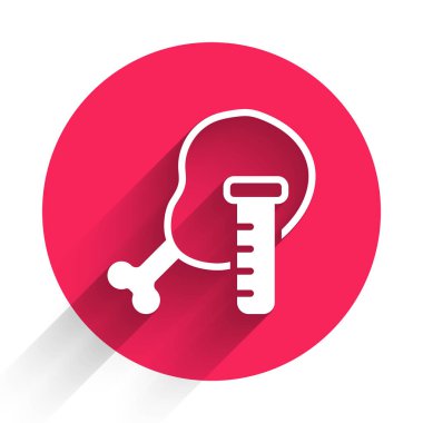 Genetik olarak modifiye edilmiş uzun gölgeli tavuk ikonu. Şırınga tavuğa enjekte ediliyor. Kırmızı daire düğmesi. Vektör