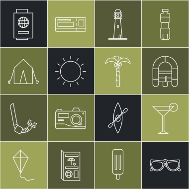 Bardaklar, martini bardakları, rafting botu, deniz feneri, güneş, turizm çadırı, biletli pasaport ve tropikal palmiye ağacı ikonu. Vektör