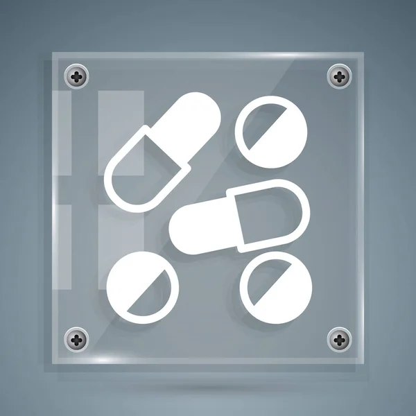 Bílá Medicína pilulka nebo tablet ikona izolované na šedém pozadí. Prášky na kapsle a známky drog. Návrh lékáren. Čtvercové sklo. Vektor — Stockový vektor