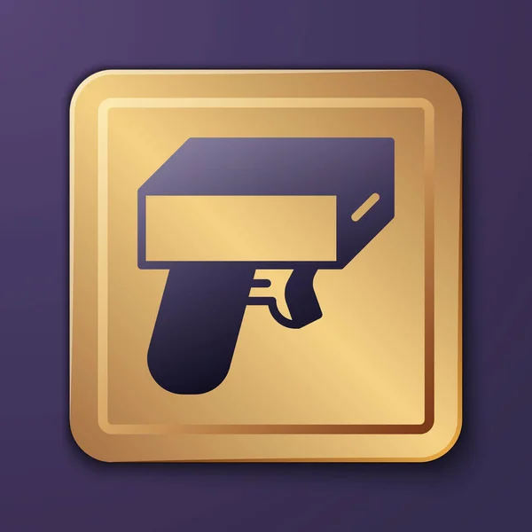 Purple Money gun icon isolated on purple background. Shoot the toy gun with money. Cash machine gun. Gold square button. Vector — Stock Vector