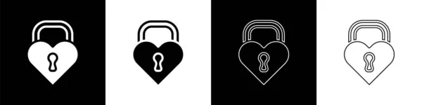 Conjunto Castillo en la forma de un icono del corazón aislado sobre fondo blanco y negro. Corazón bloqueado. Signo de amor y cerradura. Feliz día de San Valentín. Vector — Archivo Imágenes Vectoriales