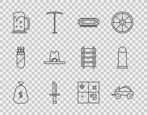 Set line Money bag, Wild west covered wagon, Harmonica, Military knife, Wooden beer mug, Western cowboy hat, Treasure map and Bullet icon. Vector — Archivo Imágenes Vectoriales