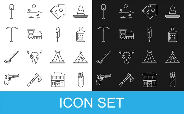 Set line Quiver with arrows, Indian teepee or wigwam, Whiskey bottle, Playing cards, Retro train, Pickaxe, Shovel and Feather pen icon. Vector — Stock Vector