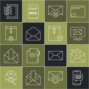 Satır Chat iletilerini telefondan, Zarftan, Zarflı Konuşma baloncuğundan, Silme, Posta pulu ve İşaretleme simgesini ayarlayın. Vektör