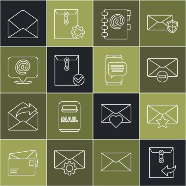 Satır Zarfı, yıldız, silme zarfı, adres defteri ve onay işareti, konuşma balonunda e-posta ve sohbet mesajları bildirim telefon simgesi ile ayarlayın. Vektör