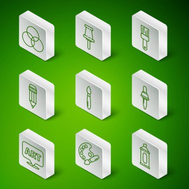 Satır İşaretleyici kalem, paletli boya fırçası, RGB ve CMYK renk karıştırma, kalem silgi, raptiye, konuşma balonu metin sanatı ve Pipette simgesi. Vektör