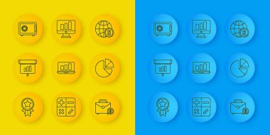 Yıldız, Grafik, grafik, diyagram, bilgi, dizüstü bilgisayar, çanta ve para, Pie, Safe, Earth globe dollar ve Monitor simgesiyle çizgi madalyasını ayarlayın. Vektör