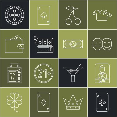 Kulüp, kumarhane satıcısı, poker oyuncusu, kumar makinesi vişnesi, kumar makinesi, kumar makinesi, cüzdan parası, rulet masası ve kağıt para ikonu. Vektör