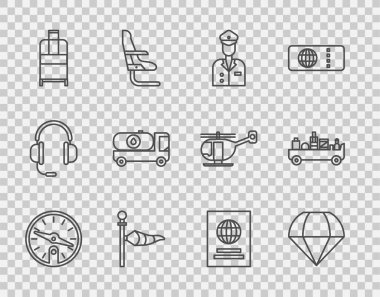 Pusula, Paraşüt, Pilot, Koni Meteoroloji rüzgar gülü vanesi, Bavul, Yakıt tankeri, Pasaport ve Havalimanı bagaj çekme ikonu. Vektör