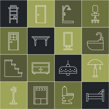 Yatak, masa lambası, lavabo, su musluğu, duş masası, ahşap masa, kapalı kapı, havlular için banyo rafları ve büyük boy ayna ikonu. Vektör