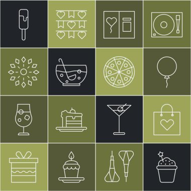 Sabit çizgi pasta, kalpli alışveriş torbası, balon kurdelesi, tebrik kartı, karışık punç kasesi, havai fişek, dondurma ve pizza ikonu. Vektör