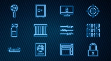 Hat kilidi, ikili kod, bilgisayar monitörü, hapishane penceresi, yangın söndürücü, büyüteç araması, dikenli tel ve güvenli ikon. Vektör