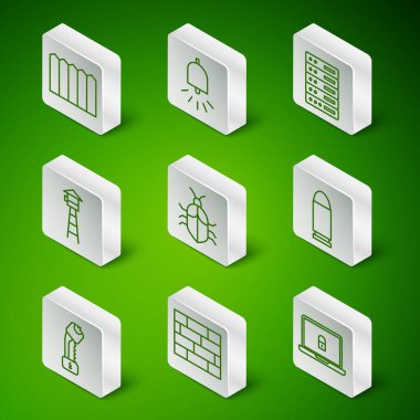 Dizüstü bilgisayar ve kilit, tuğla, bahçe çiti ahşap, sistem hatası konsepti, gözetleme kulesi, alarm zili, polis elektrik şoku ve kurşun ikonu. Vektör