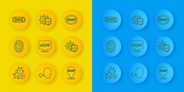 Pozitif virüsü, virüsü, Corona 2019-nCoV 'u, kalkanı, tıbbi koruyucu maskeyi, sabun ve ikonu yerleştir. Vektör